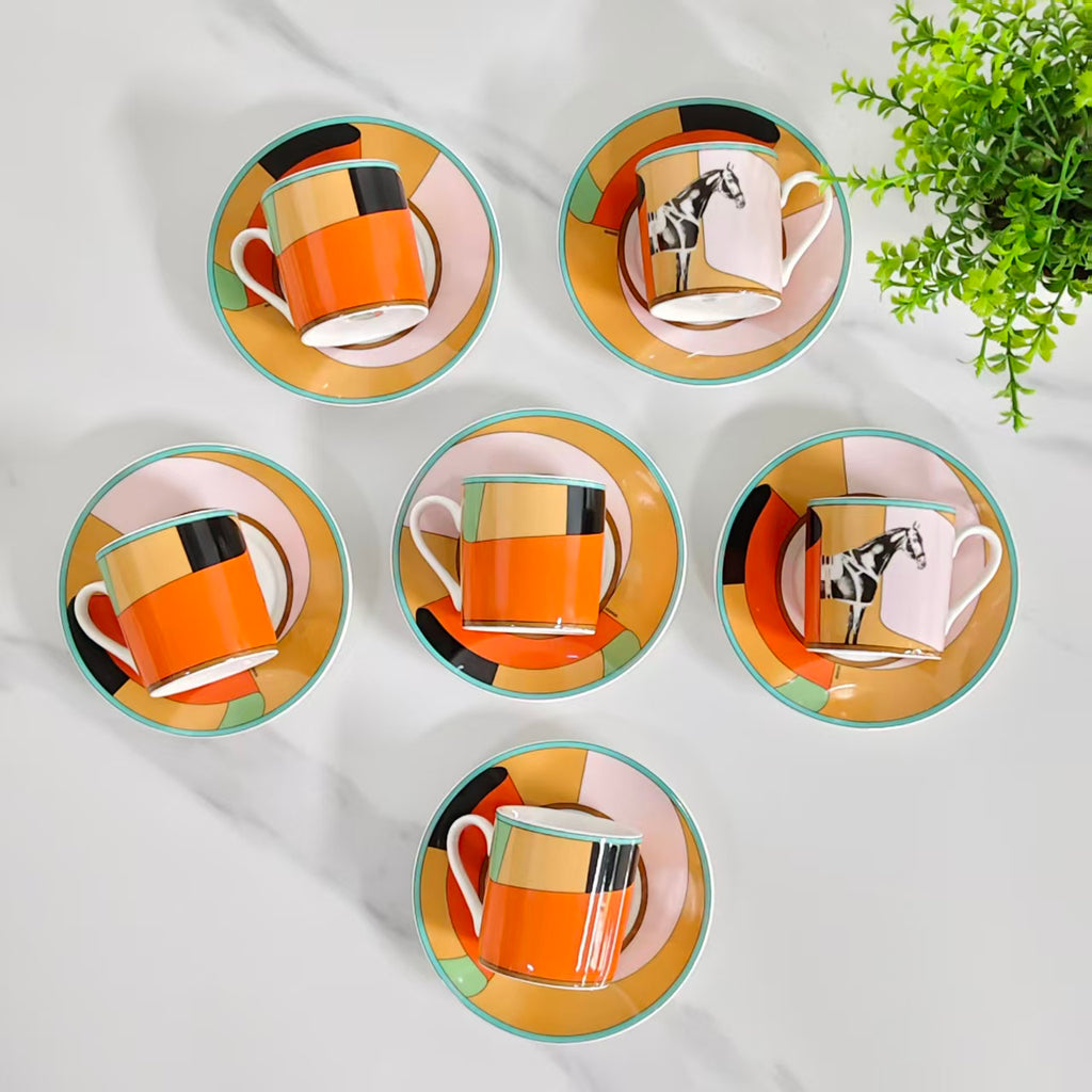 [Galloping Horse Design – Pink] – [Set of 6 Cups &amp; Saucers]