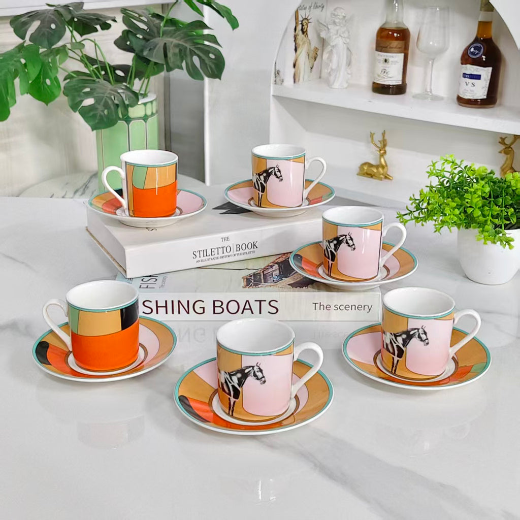 [Galloping Horse Design – Pink] – [Set of 6 Cups &amp; Saucers]