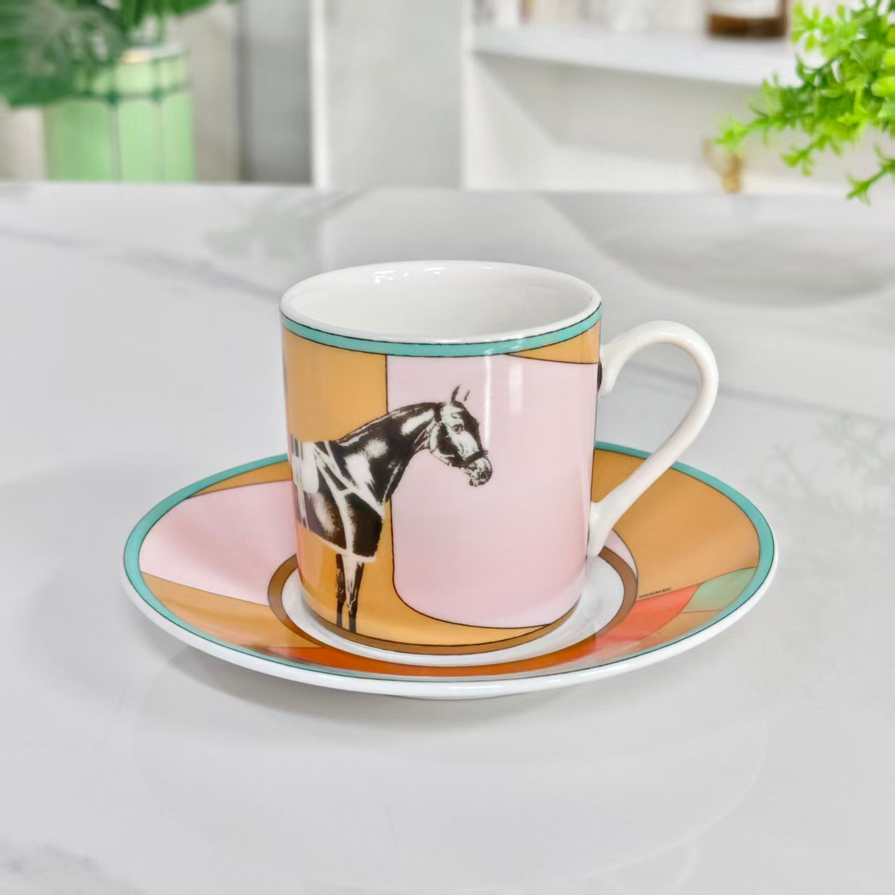 [Galloping Horse Design – Pink] – [Set of 6 Cups &amp; Saucers]