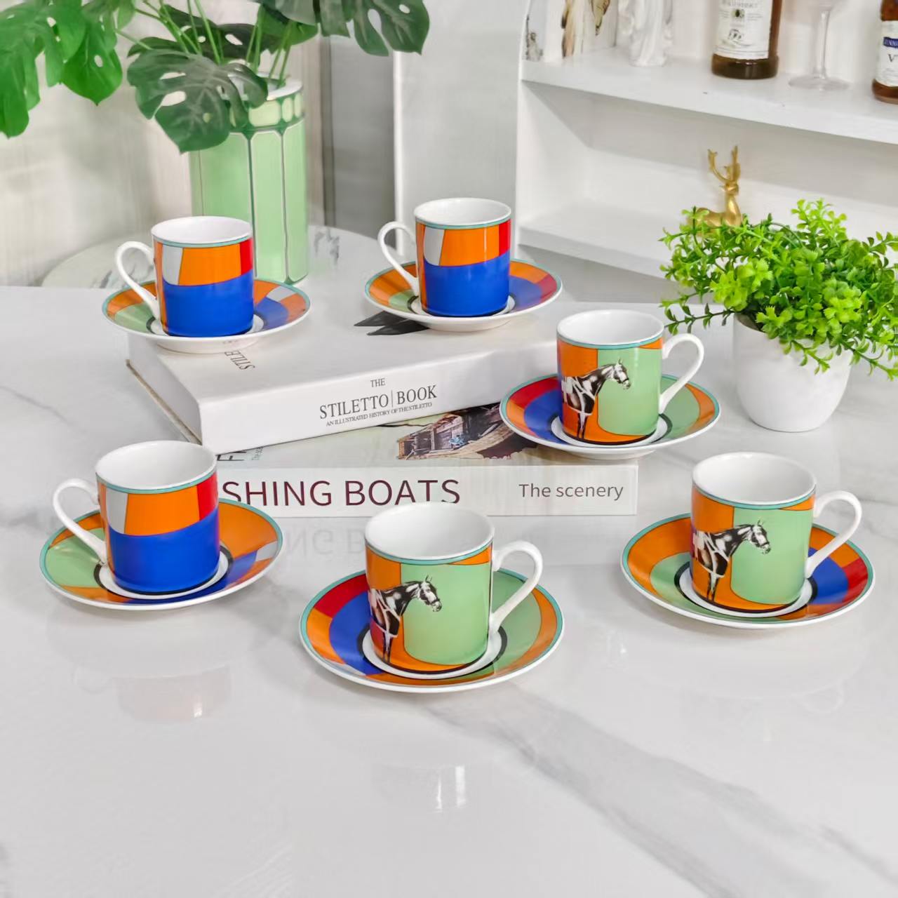 [Galloping Horse Design – Green] – [Set of 6 Cups &amp; Saucers]