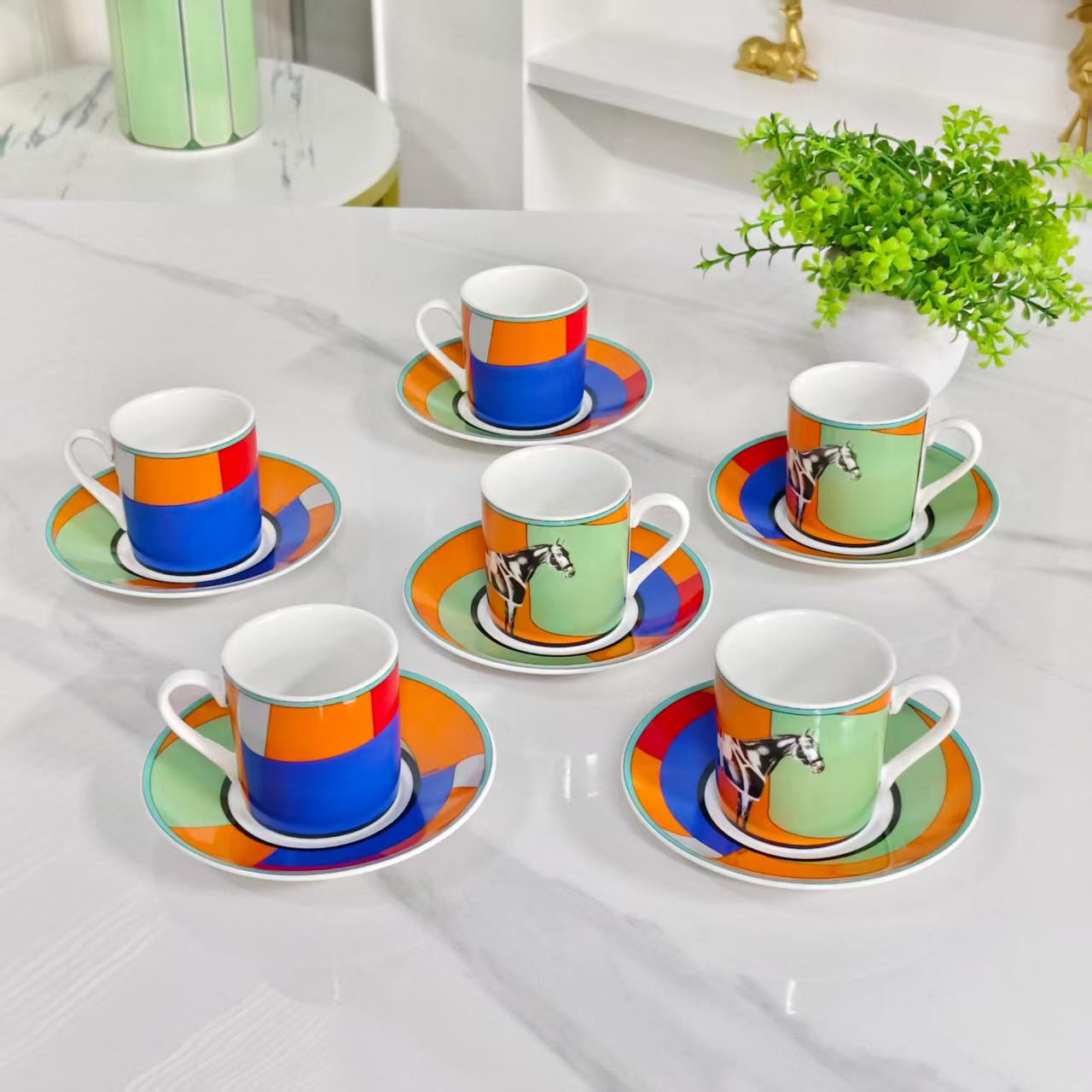 [Galloping Horse Design – Green] – [Set of 6 Cups &amp; Saucers]