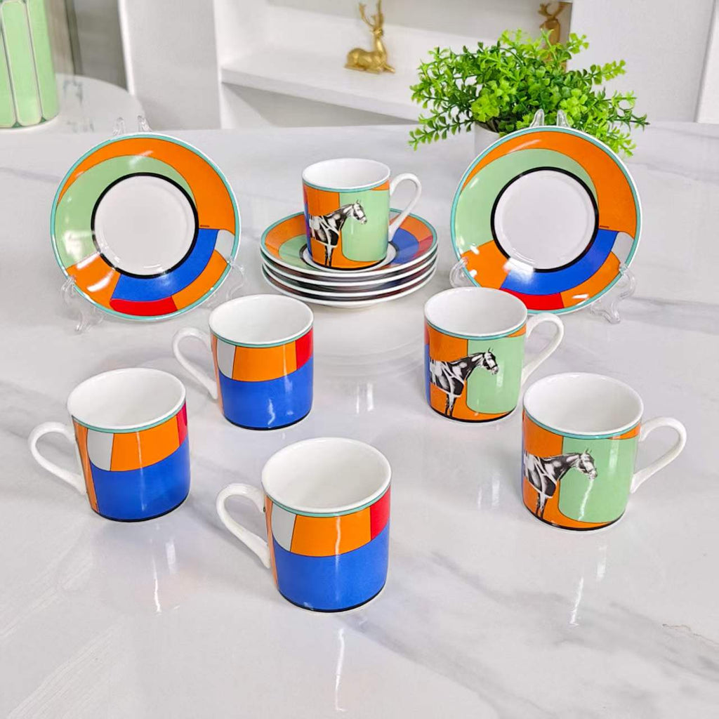 [Galloping Horse Design – Green] – [Set of 6 Cups &amp; Saucers]