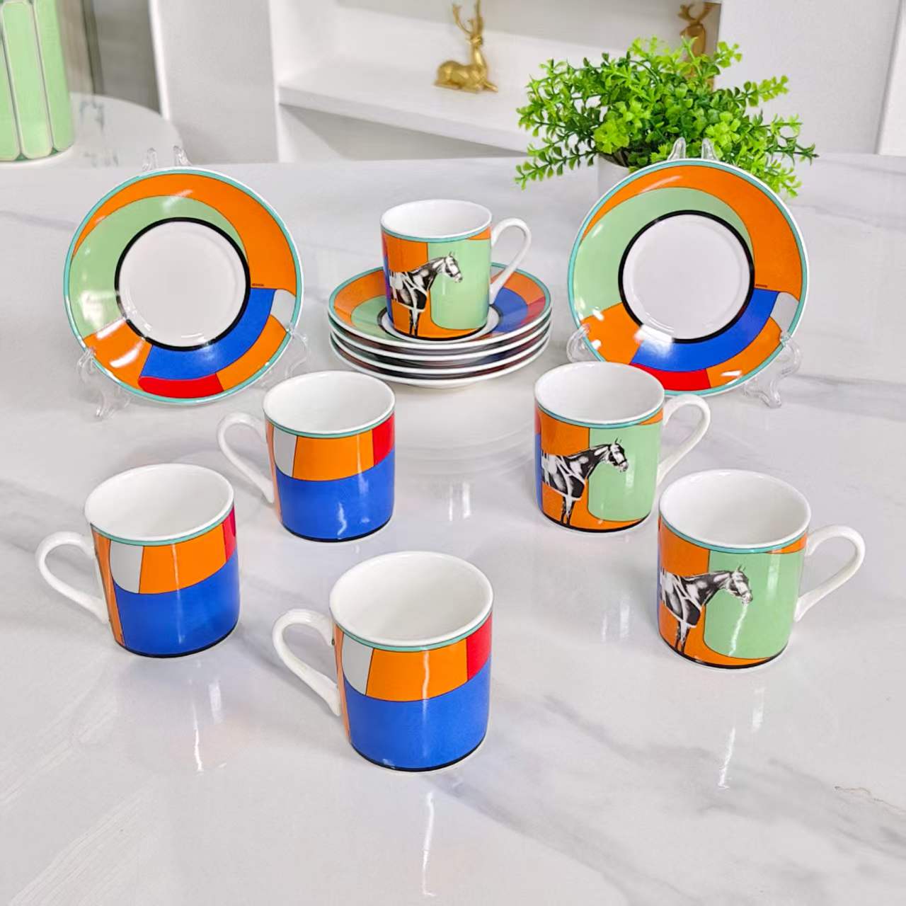 [Galloping Horse Design – Green] – [Set of 6 Cups &amp; Saucers]