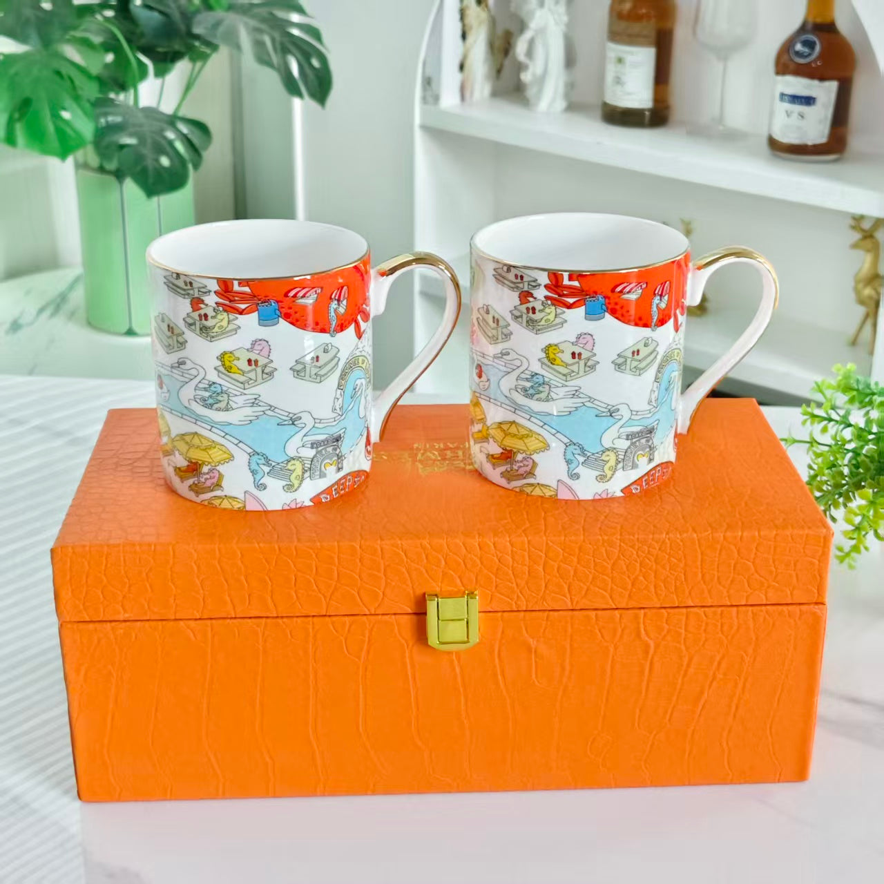 Seahorse Water Park Themed Mugs – Set of Two – Leather Box