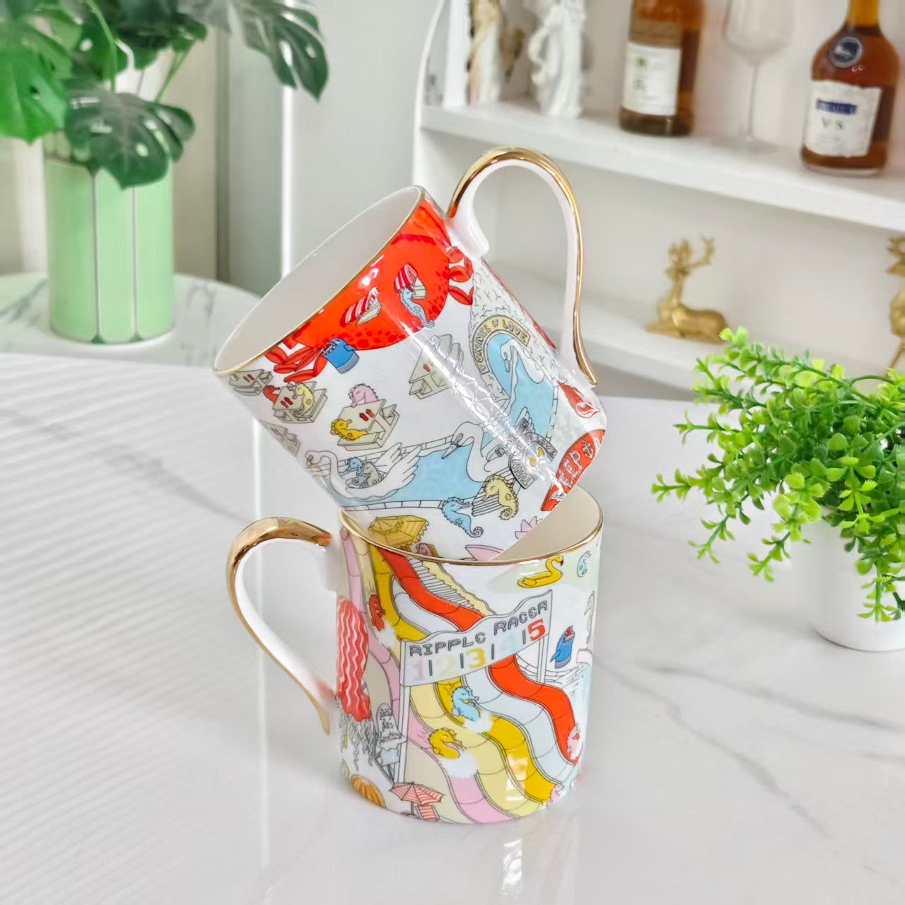Seahorse Water Park Themed Mugs – Set of Two – Leather Box