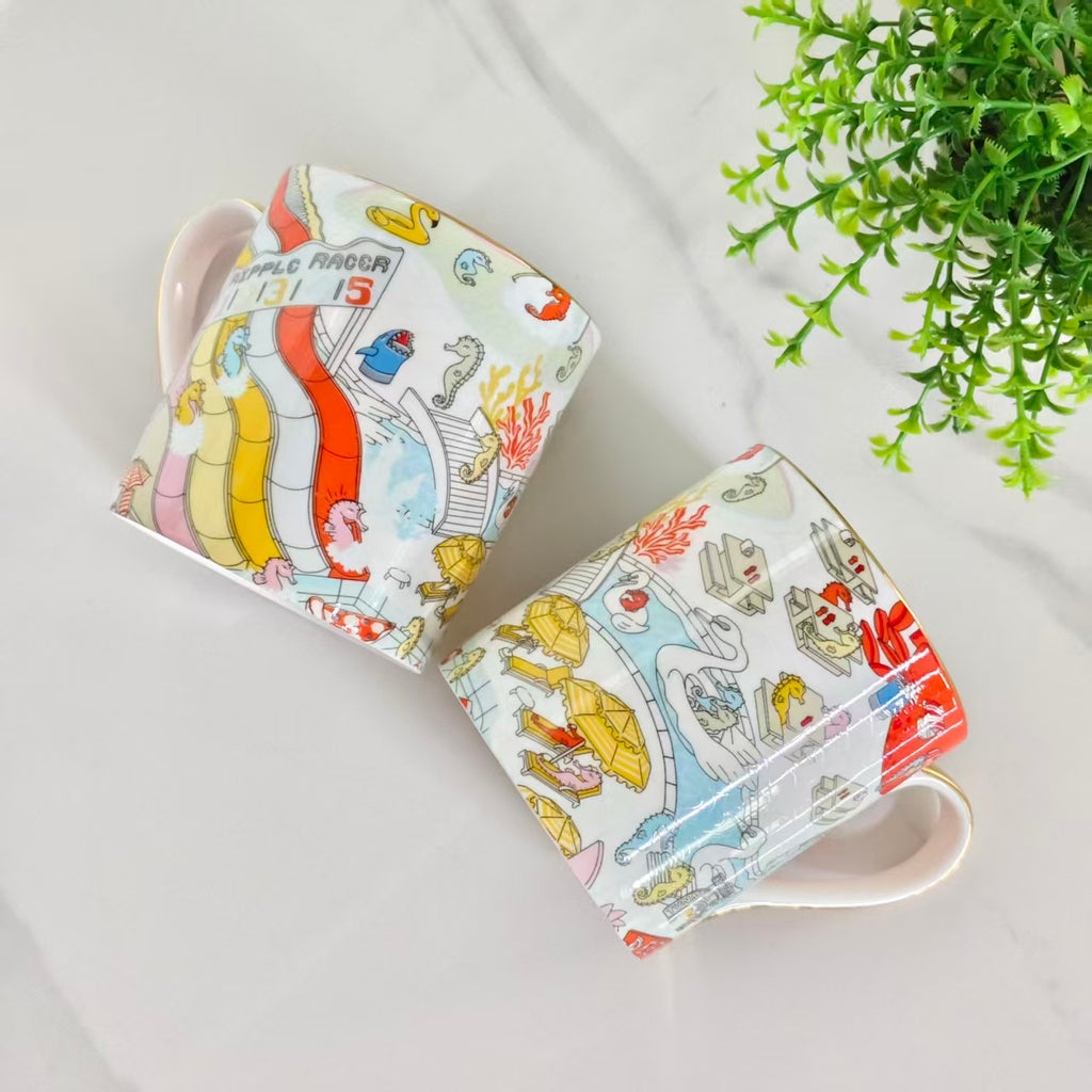Seahorse Water Park Themed Mugs – Set of Two – Leather Box