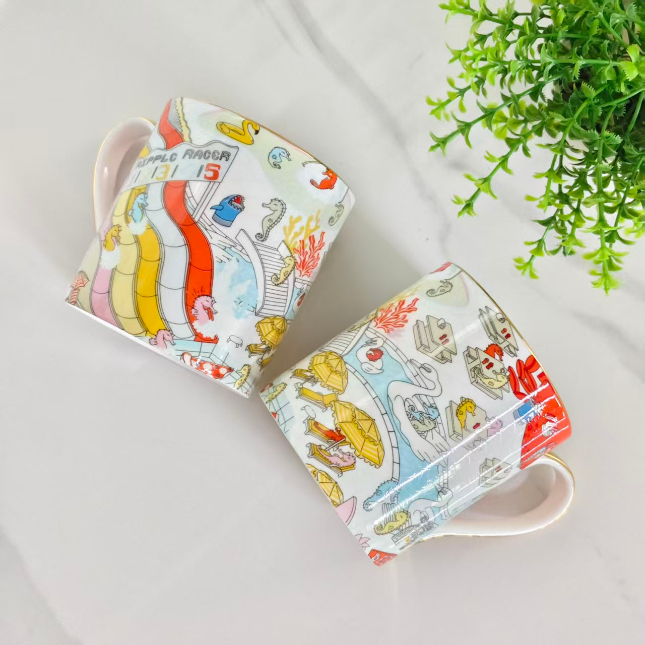 Seahorse Water Park Themed Mugs – Set of Two – Leather Box