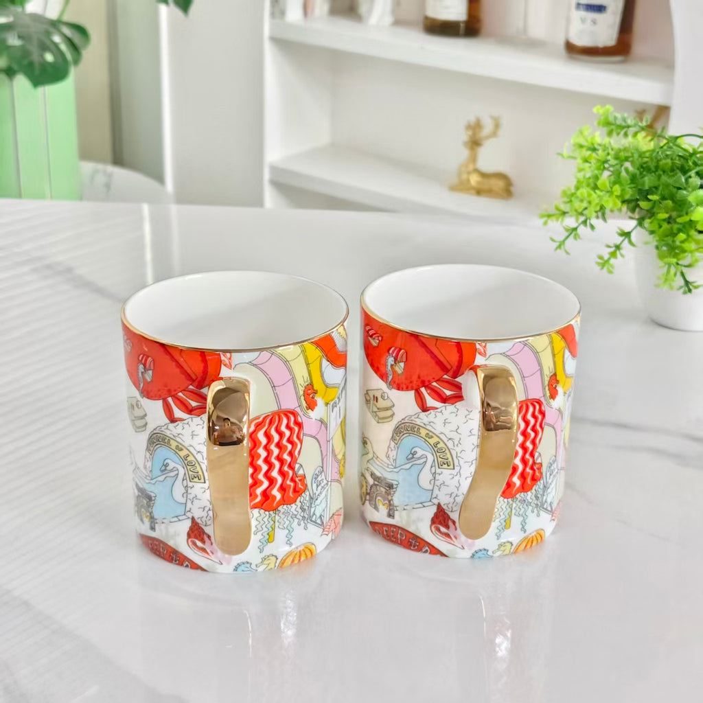 Seahorse Water Park Themed Mugs – Set of Two – Leather Box