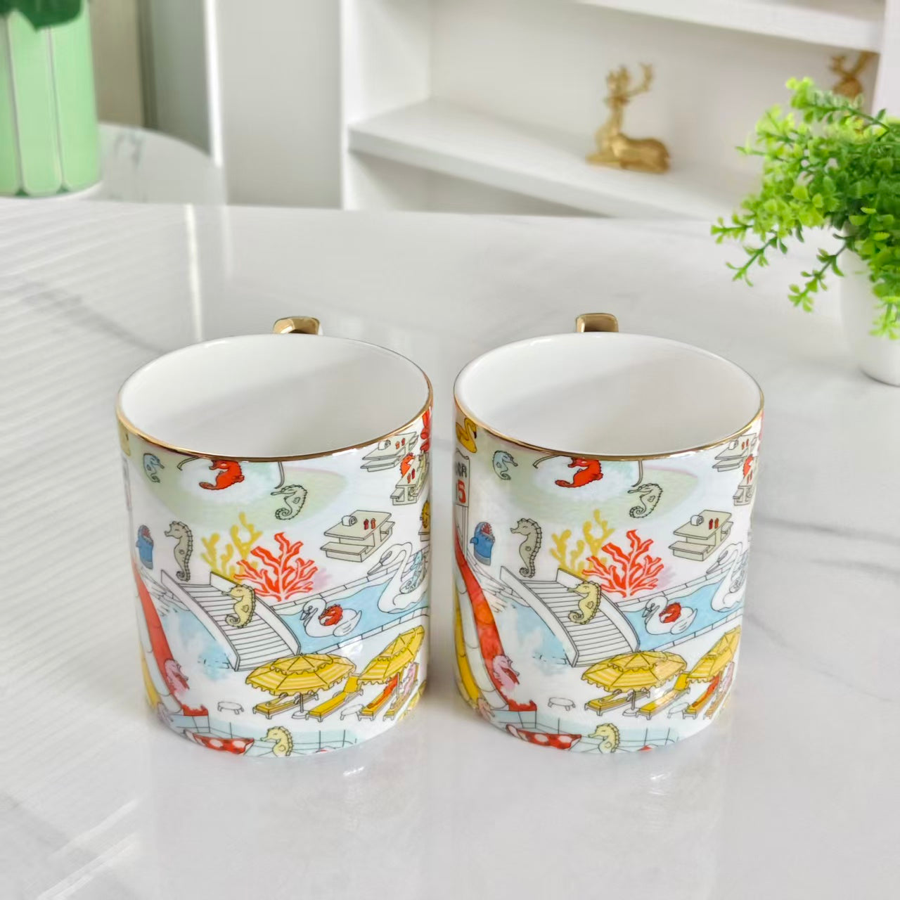 Seahorse Water Park Themed Mugs – Set of Two – Leather Box