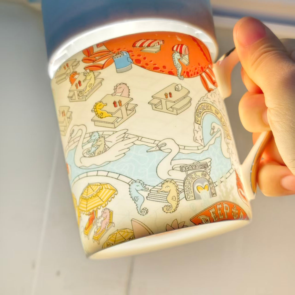 Seahorse Water Park Themed Mugs – Set of Two – Leather Box