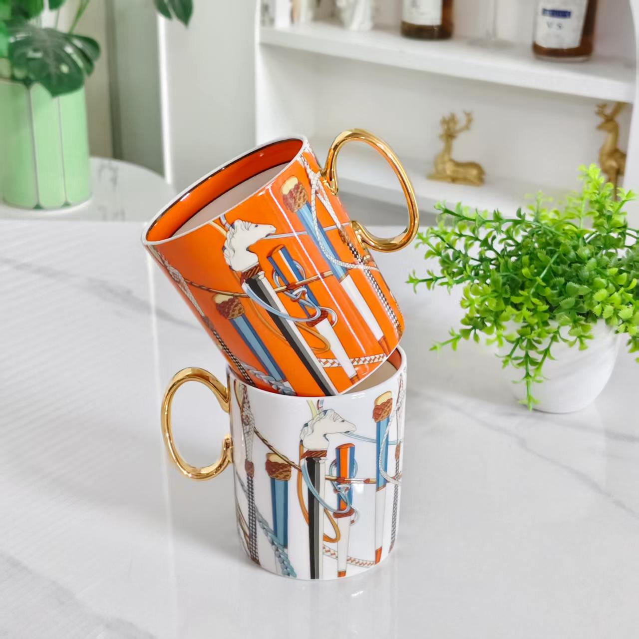 Cup – White + Orange Scepter – Set of Two Mugs – Leather Box