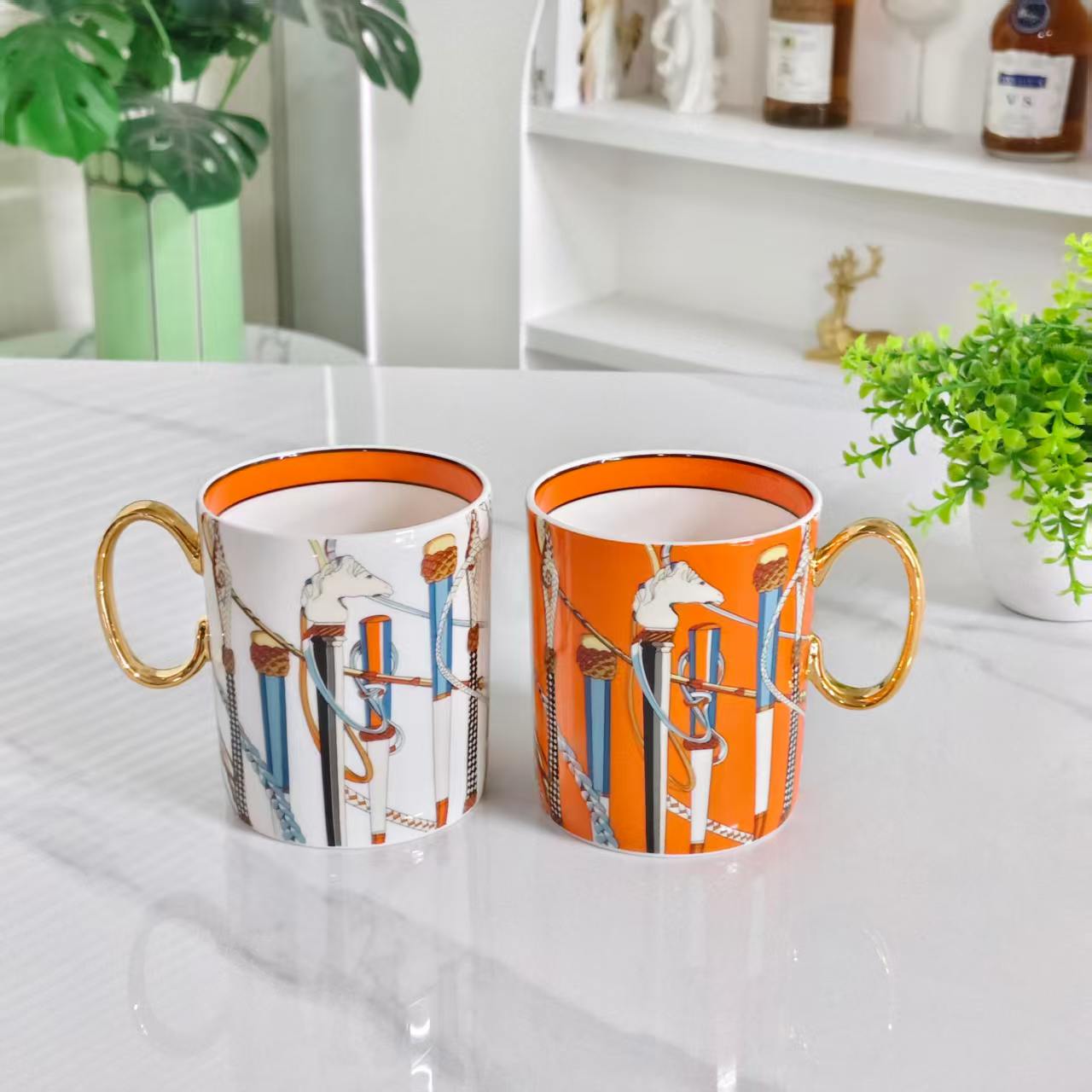 Cup – White + Orange Scepter – Set of Two Mugs – Leather Box