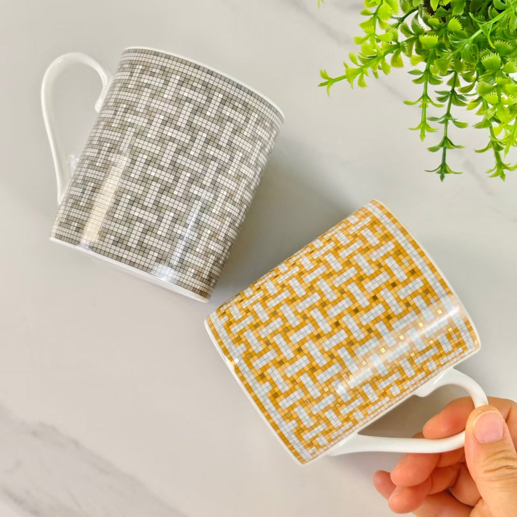 Nuovo Prodotto: Design Intrecciato Oro e Grigio [Set di 2 Tazze] + [Scatola in Pelle]