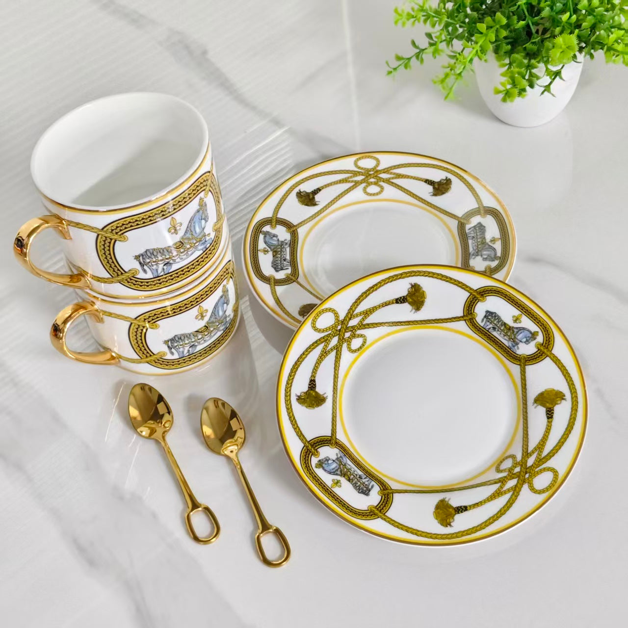 Cup and Saucer Set (Pair of Cups & Saucers + Original Spoons) – White Warhorse