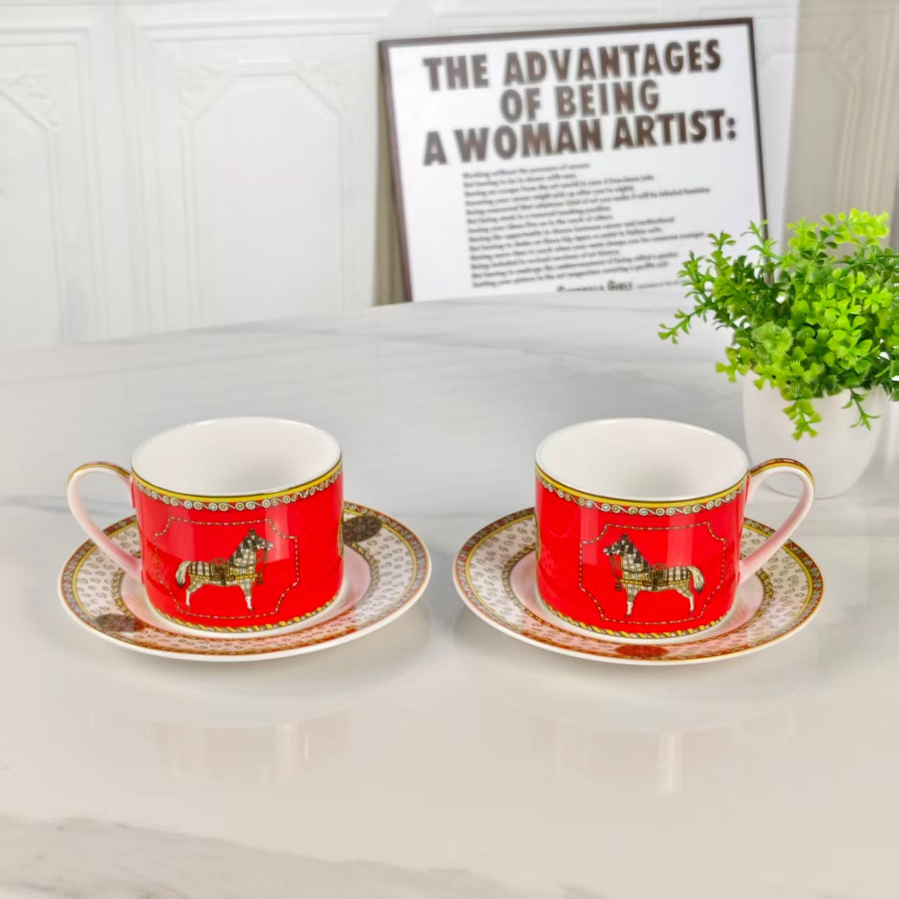 Cup and Saucer Set – Horse on Red Background