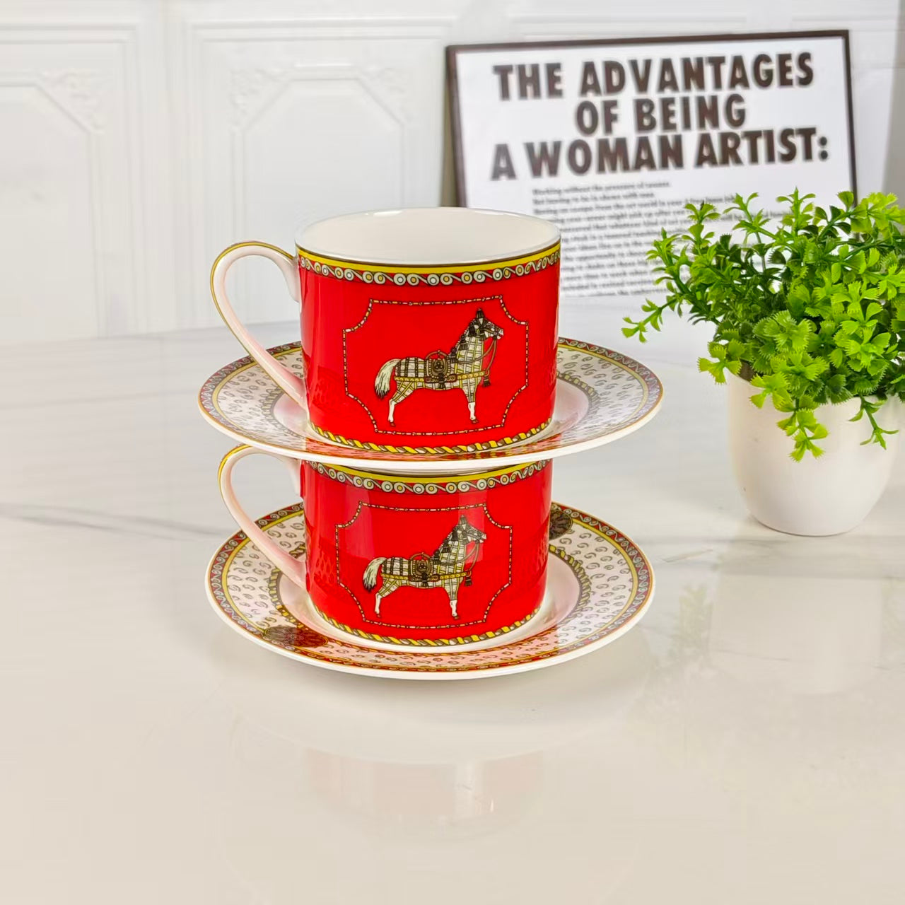 Cup and Saucer Set – Horse on Red Background