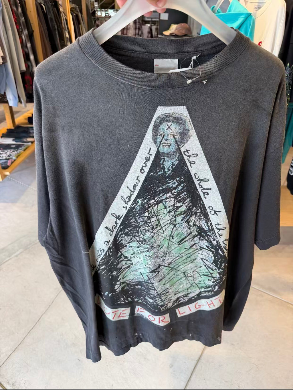 MSAINTM Portrait-Print Washed & Distressed Vintage-Style Tubular T-Shirt