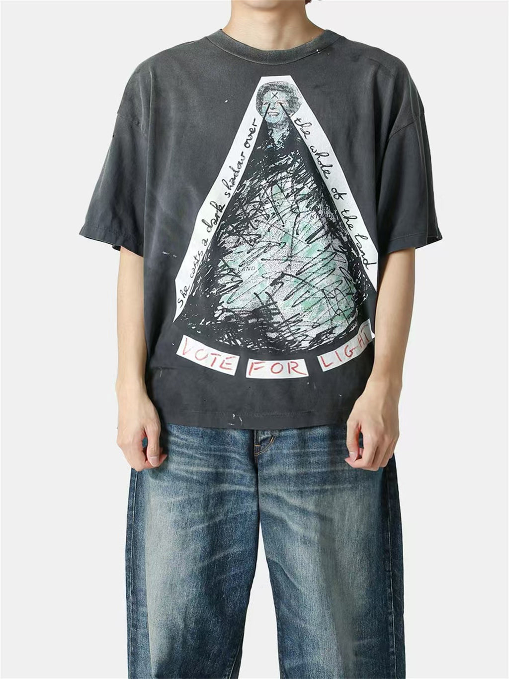 MSAINTM Portrait-Print Washed & Distressed Vintage-Style Tubular T-Shirt