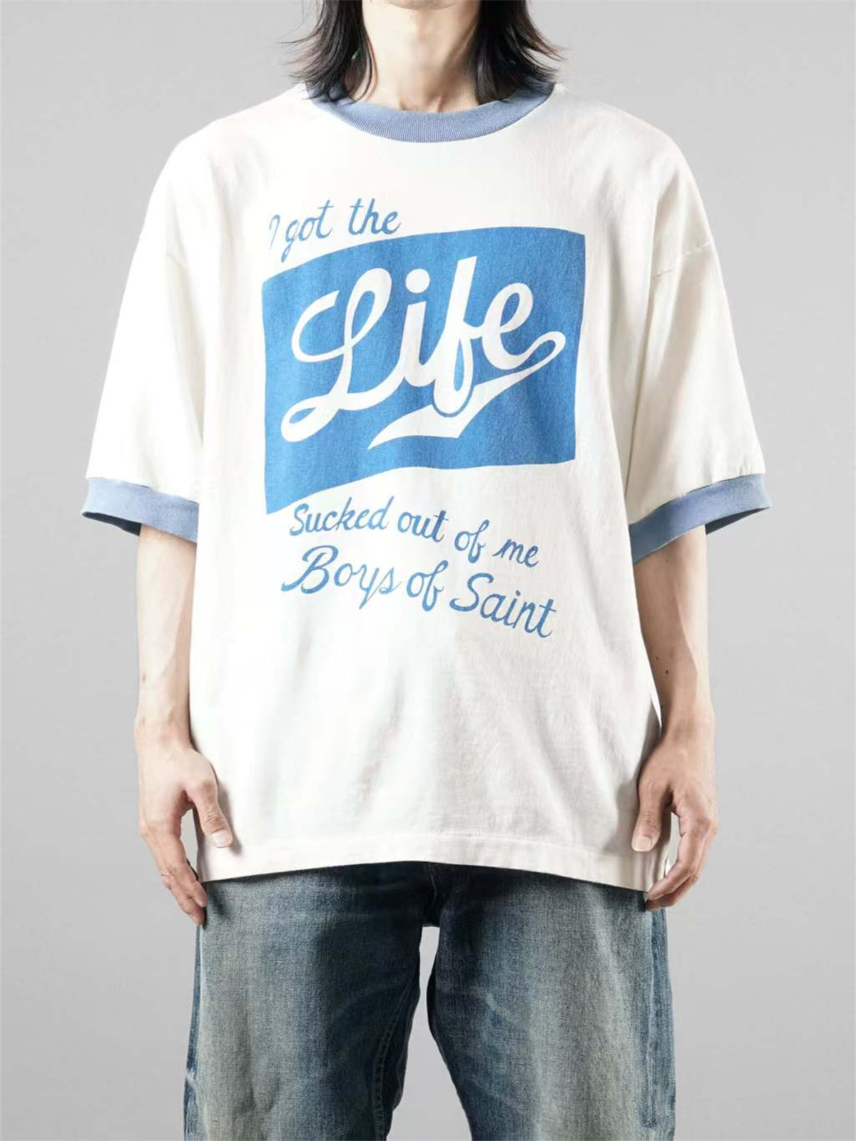 MSAINTM Contrasting-color ribbed cuffs Vintage-wash tubular T-shirt