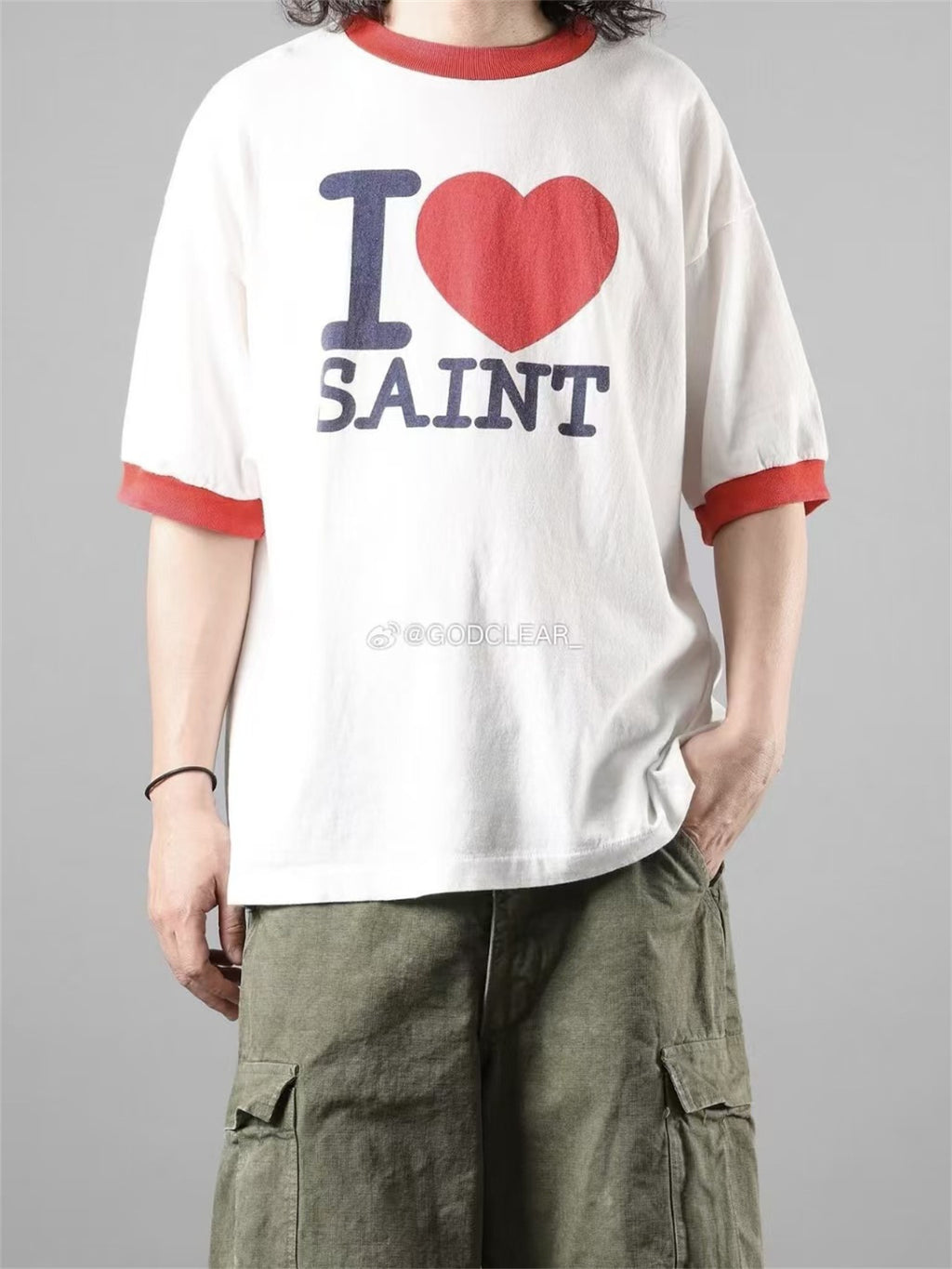 MSAINTM Contrasting-color ribbed cuffs Vintage-wash tubular T-shirt