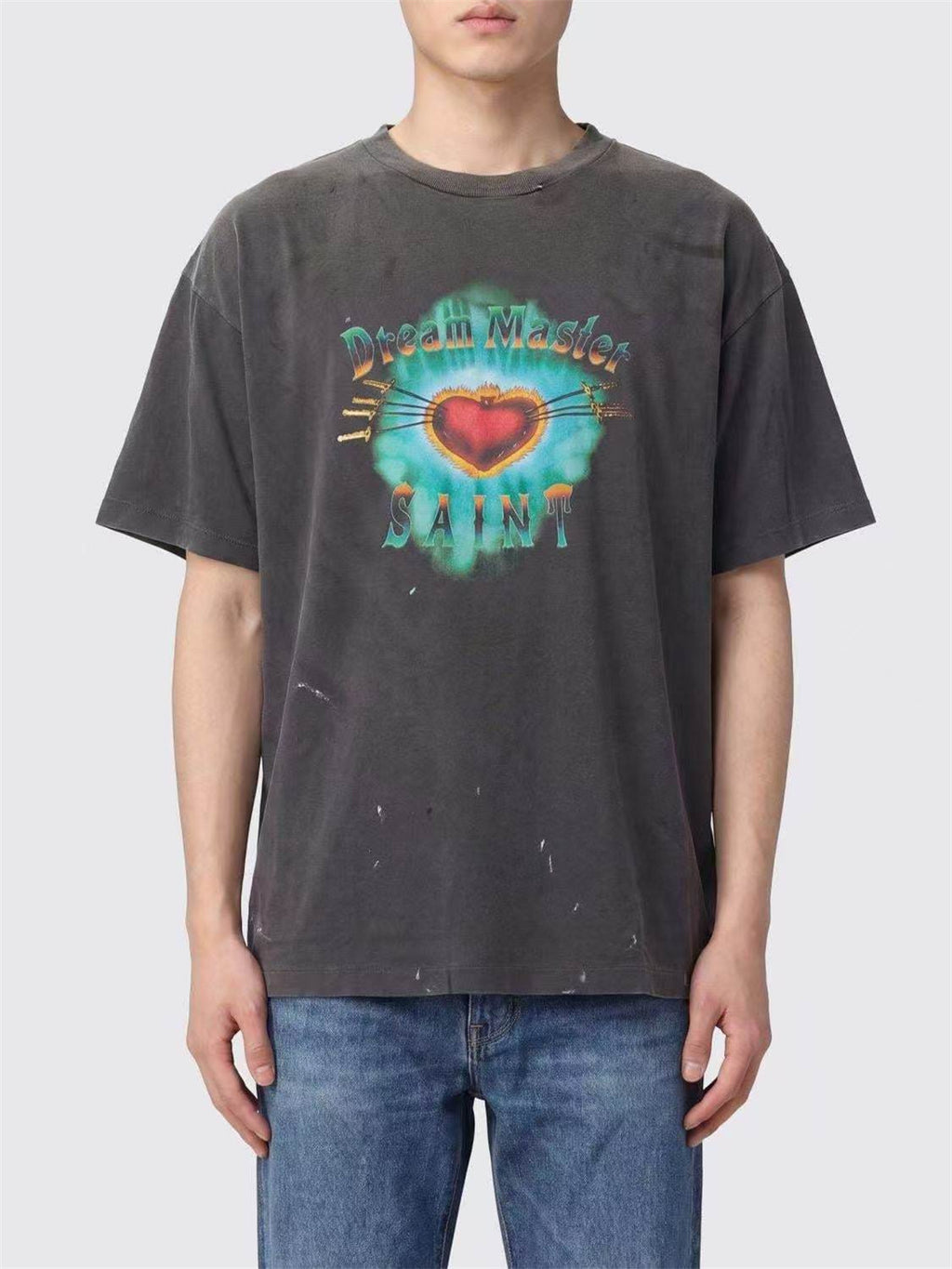 MSAINTM "Love Kangli" Digital Print T-Shirt Washed, Distressed Tubular T-Shirt