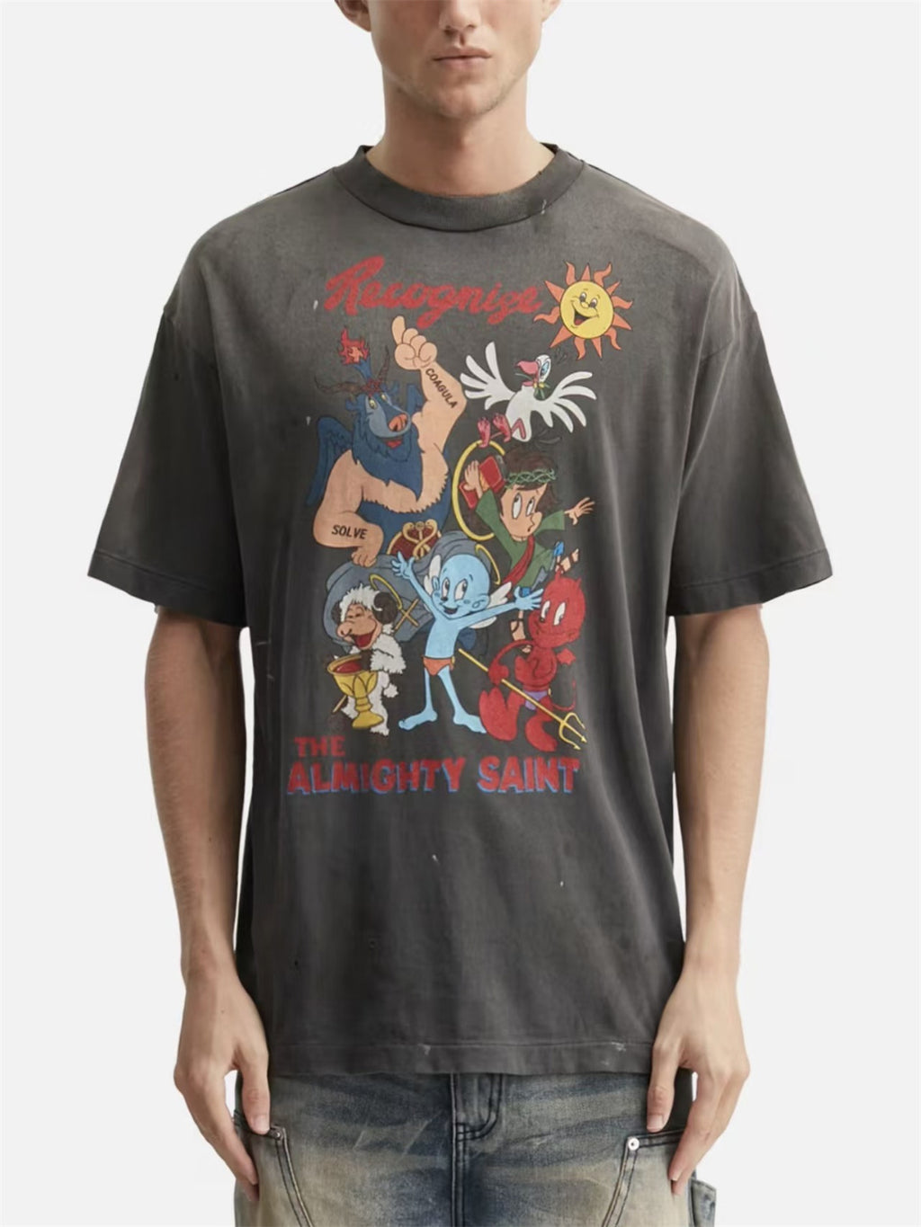 MSAINTM Smurf Print Washed & Distressed Tubular T-Shirt