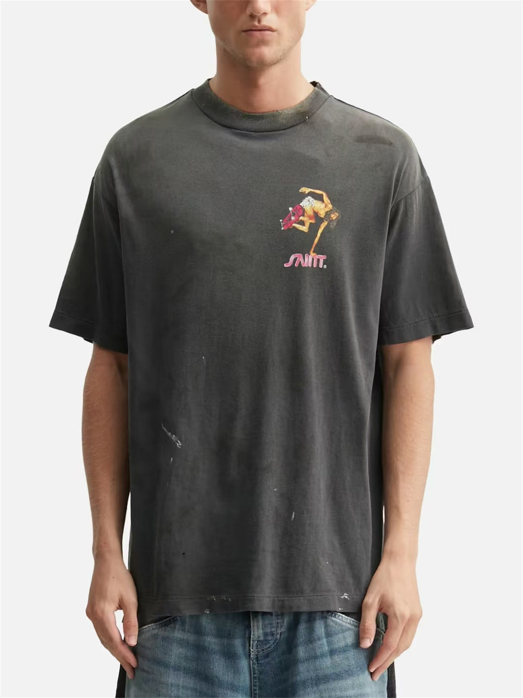 MSAINTM Skateboard-Riding Jesus Front and back Conley-style prints; washed, distressed, tubular-knit T-shirt.