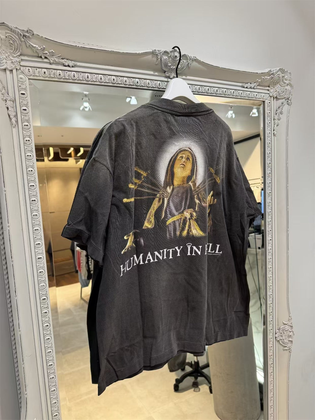 MSAINTM Jesus & Adam Large-scale screen prints on front and back; washed, distressed, tubular-knit T-shirt.