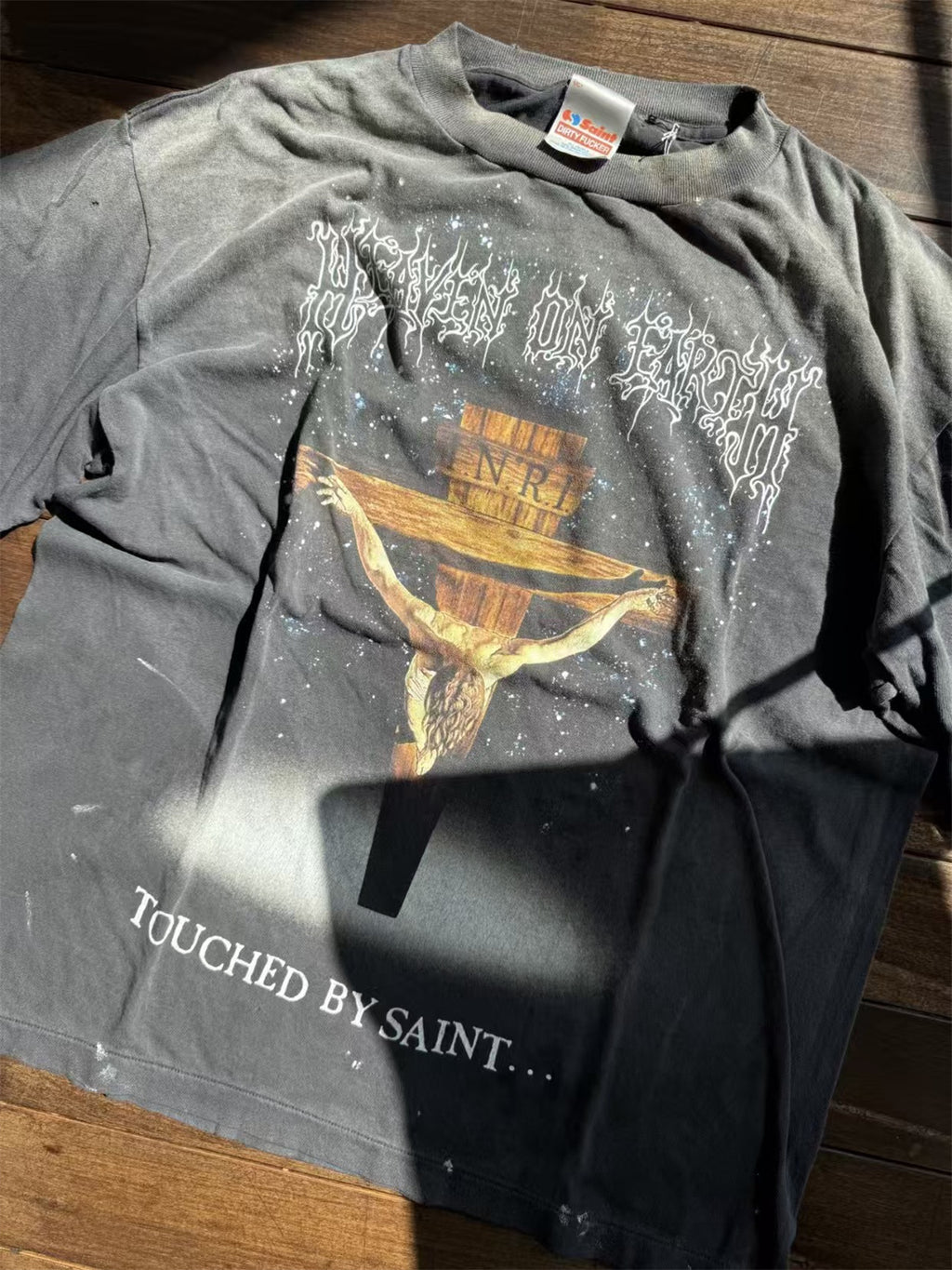 MSAINTM Jesus & Adam Large-scale screen prints on front and back; washed, distressed, tubular-knit T-shirt.