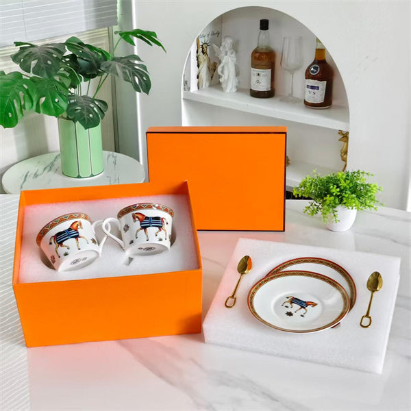 Cup and Saucer Set (Pair) – Includes matching spoons – Minimalist slanted-rim design