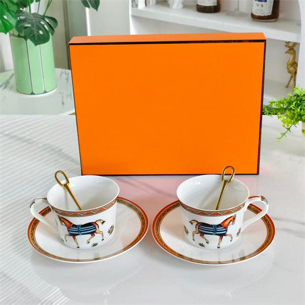 Cup and Saucer Set (Pair) – Includes matching spoons – Minimalist slanted-rim design