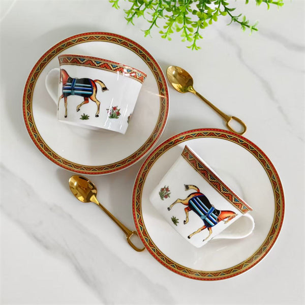 Cup and Saucer Set (Pair) – Includes matching spoons – Minimalist slanted-rim design