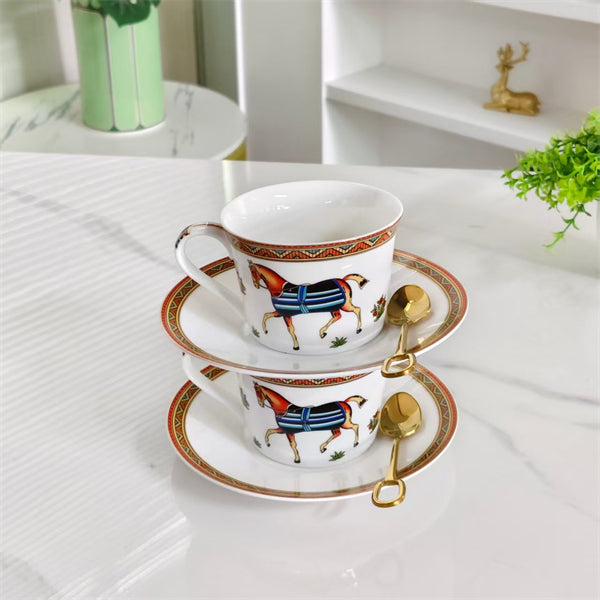 Cup and Saucer Set (Pair) – Includes matching spoons – Minimalist slanted-rim design