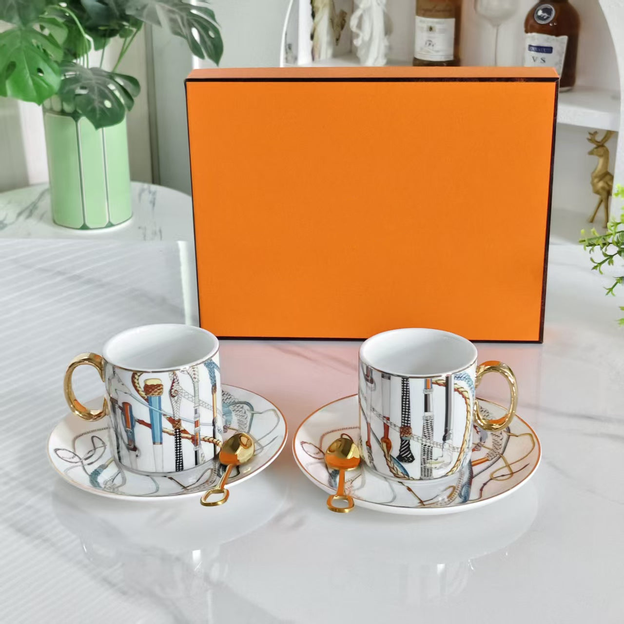 Cup and Saucer Set (Pair) with Original Spoons – "Scepter White"