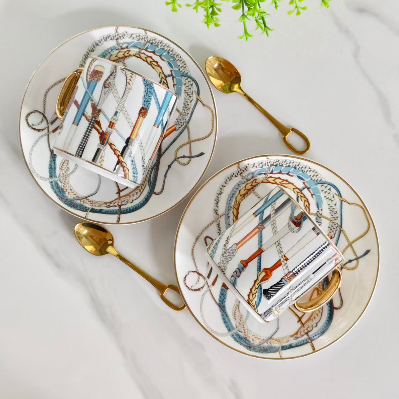 Cup and Saucer Set (Pair) with Original Spoons – "Scepter White"