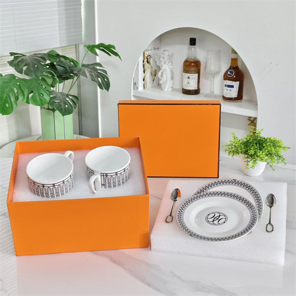 Cup and Saucer Set (Pair) with Spoons – Black Line Design