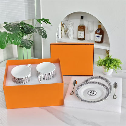 Cup and Saucer Set (Pair) with Spoons – Black Line Design