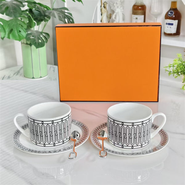 Cup and Saucer Set (Pair) with Spoons – Black Line Design