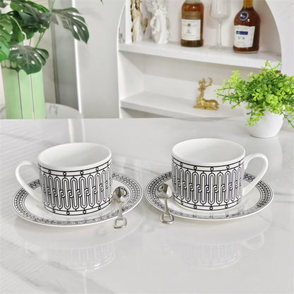 Cup and Saucer Set (Pair) with Spoons – Black Line Design