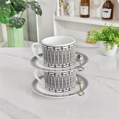 Cup and Saucer Set (Pair) with Spoons – Black Line Design