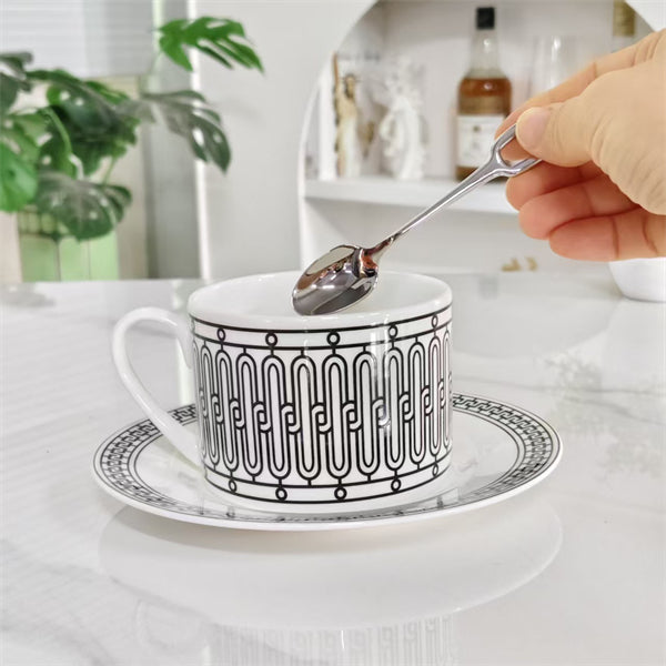 Cup and Saucer Set (Pair) with Spoons – Black Line Design