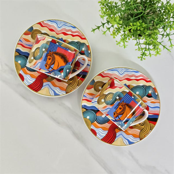 New Arrival – Double Cup &amp; Saucer Set – "Galloping Horse &amp; Waves"