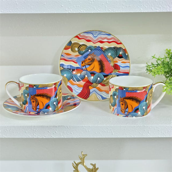 New Arrival – Double Cup &amp; Saucer Set – "Galloping Horse &amp; Waves"