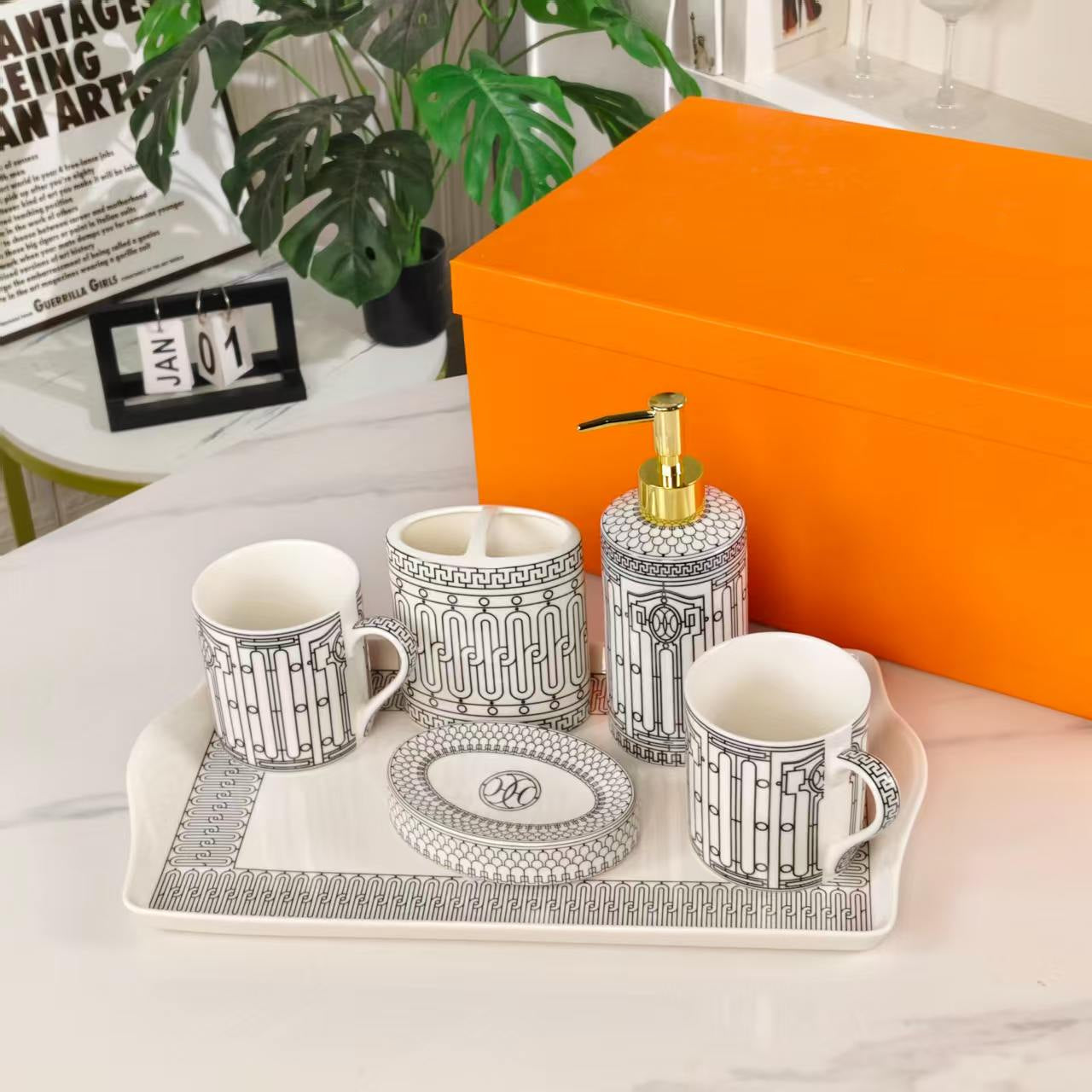 New Arrival: 6-Piece Bathroom Set – White Background with Black Lines
