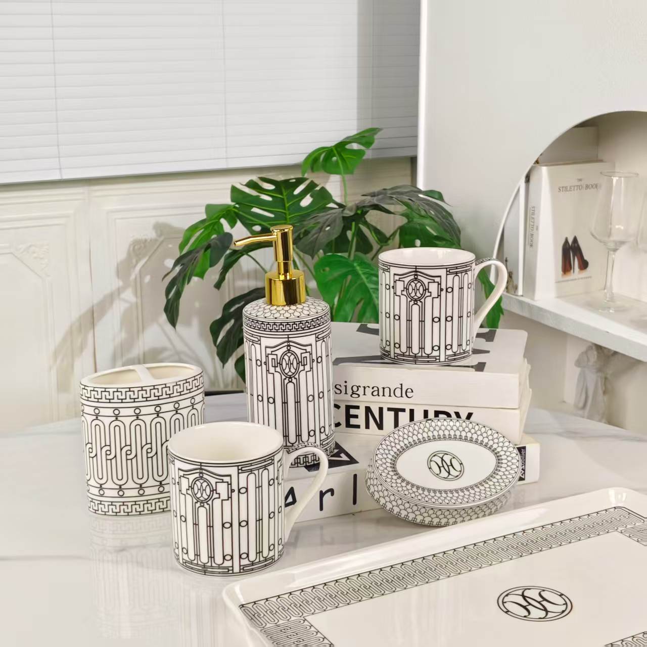 New Arrival: 6-Piece Bathroom Set – White Background with Black Lines
