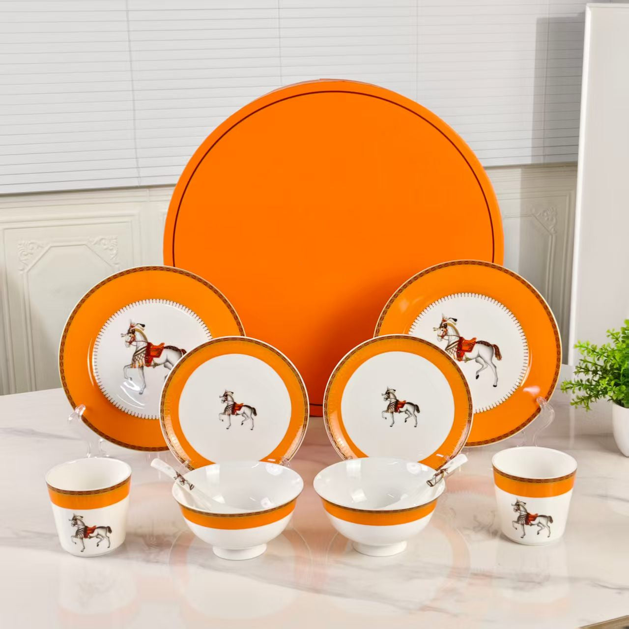 New Arrival – Orange "Single Horse" Design – 10-Piece Set