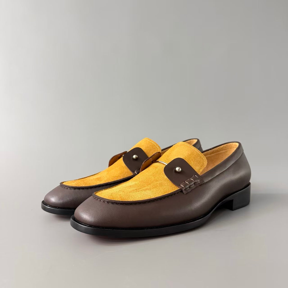 CL 【Red Sole】Leather Loafers – Round-toe, slip-on style offering comfort and sophistication; Dark Brown.