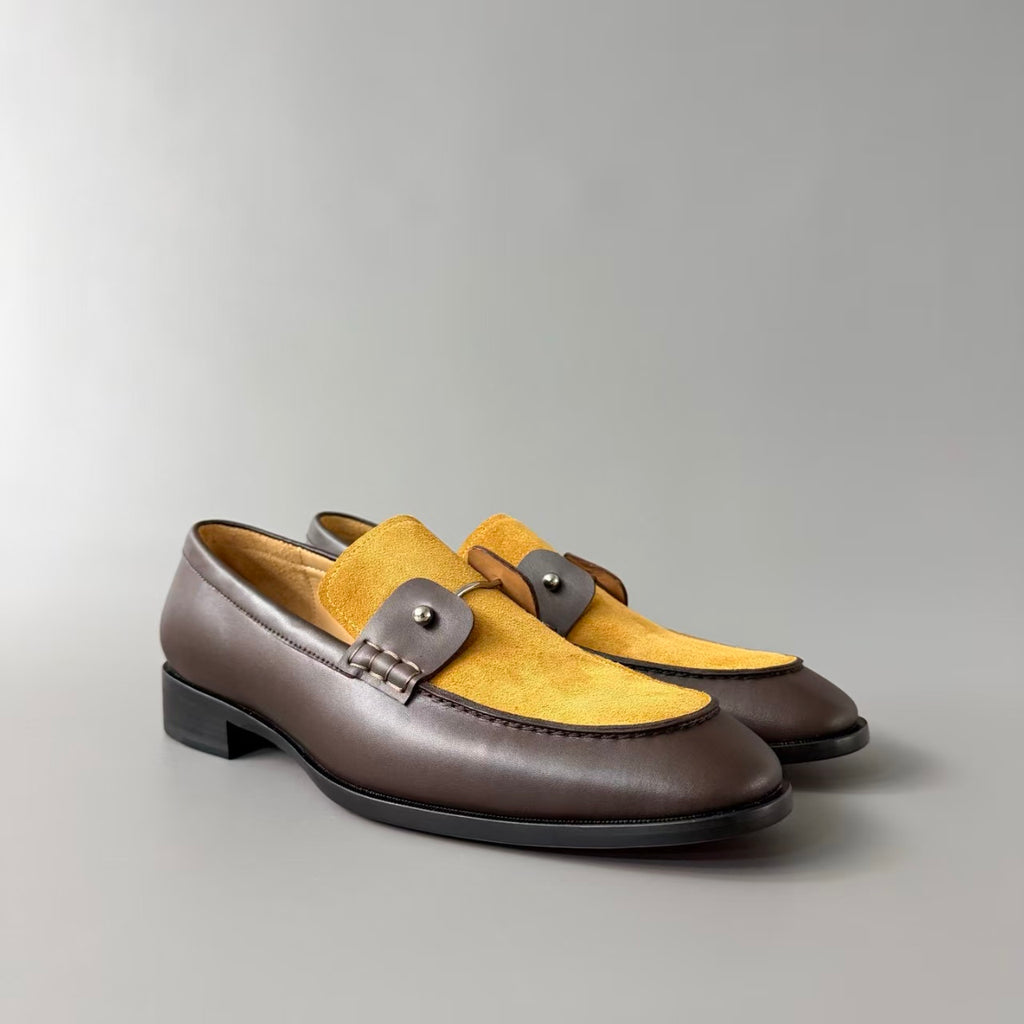 CL 【Red Sole】Leather Loafers – Round-toe, slip-on style offering comfort and sophistication; Dark Brown.