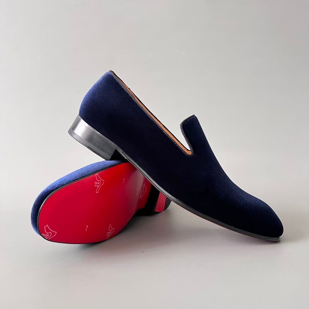 CL 【Red Sole】Men's Blue Loafers – Round-Toe, Slip-On, Comfortable & Sophisticated.