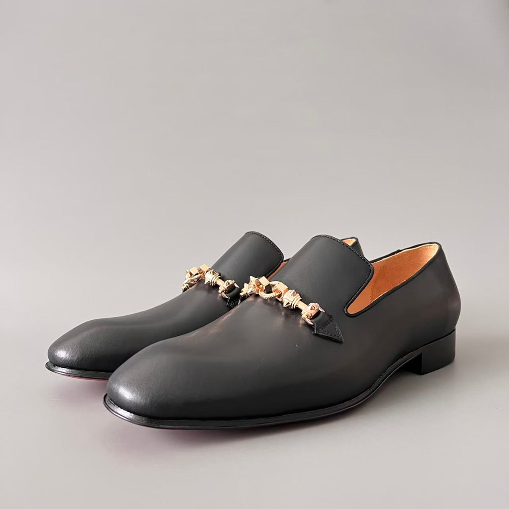 CL 【Red Sole】Men's Black Leather Loafers – Round-Toe, Slip-On, Comfortable & Sophisticated